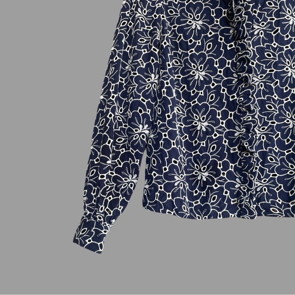 SEZANE Navy Blue White Eyelet Embroidered Floral Button Down Mathilda Blouse Top - Picture 6 of 12